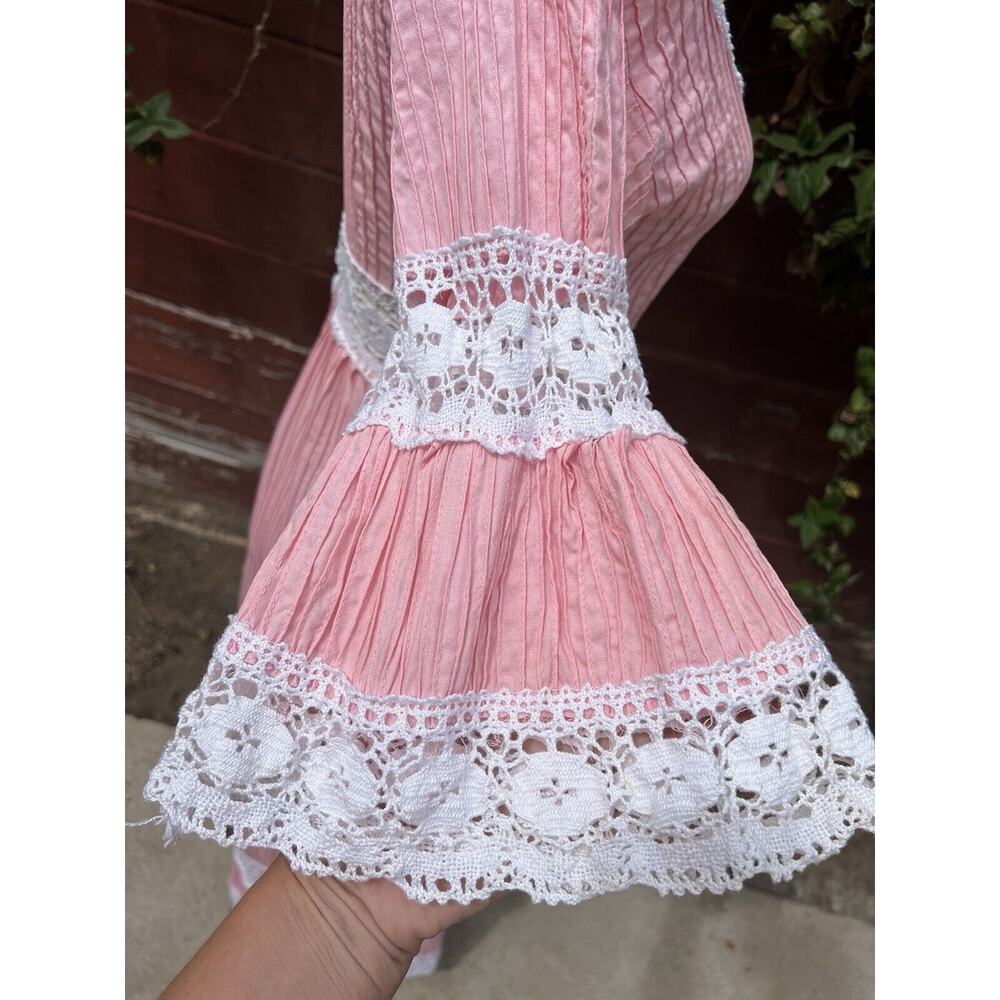 Vintage 60s Pink Lace Bell Sleeve Mexican Pintuck Wedding Bridal Maxi Dress - Picture 6 of 8